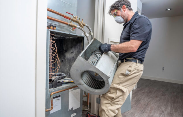Worker picking ac blower for cleaning purpose air vent, air duct cleaning services and ac cleaning