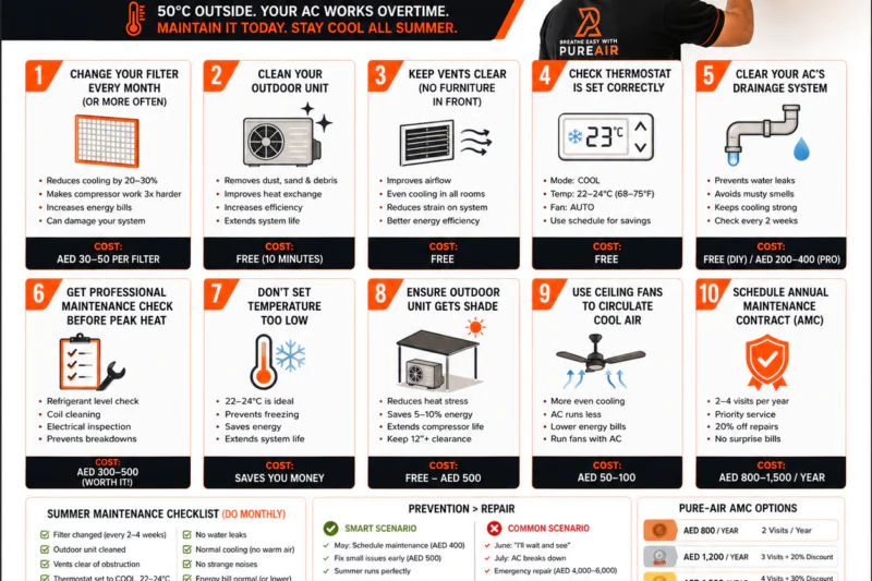 10 AC maintenance tips for Dubai homes by Pure Air Technical Services to improve cooling efficiency and prevent AC breakdowns